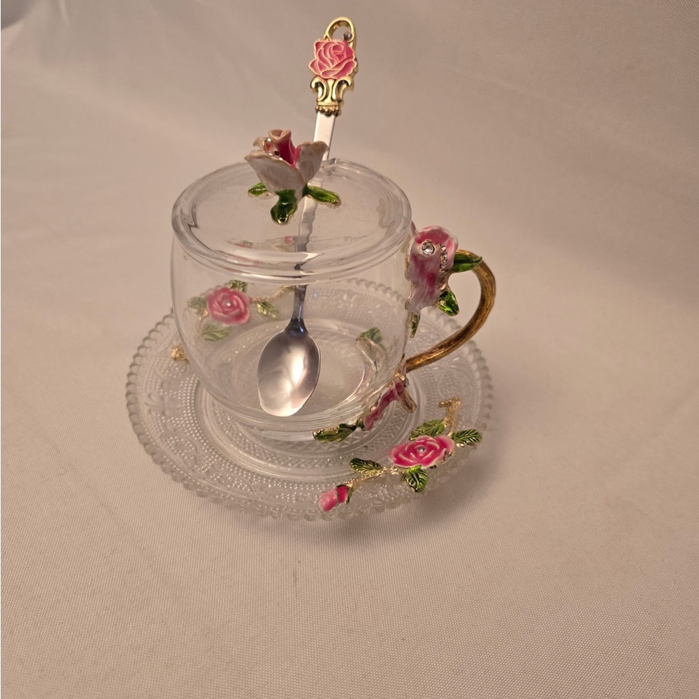 Glass Teacup Set with Pink Roses and Gold Handle